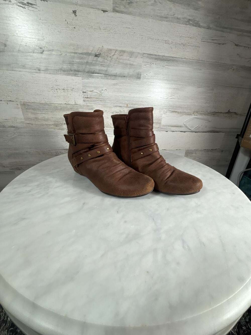 Jessica Cline Brown Faux Leather Slouchy Ankle Booties, Studs and Buckle Detail
